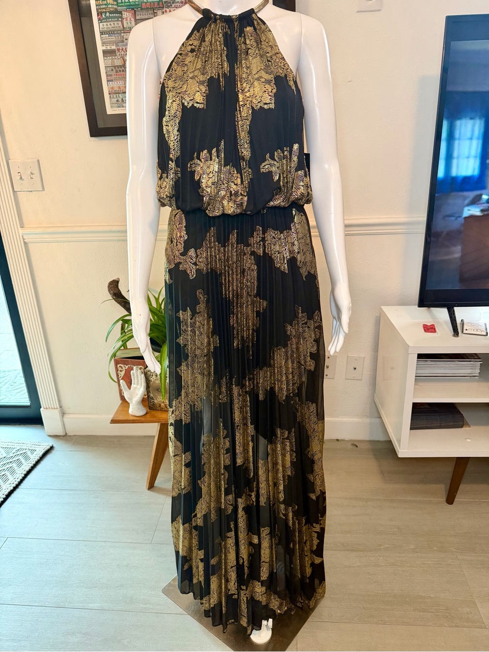 MSK Black and Gold Halter Pleated Maxi Dress